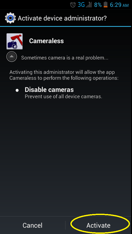disable Android device camera b