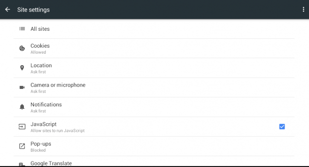enable disable JavaScript Chrome Android