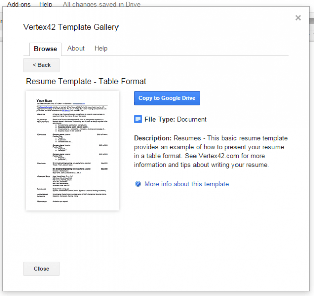 create resume Google Docs e
