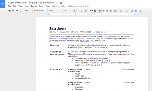 create resume Google Docs f